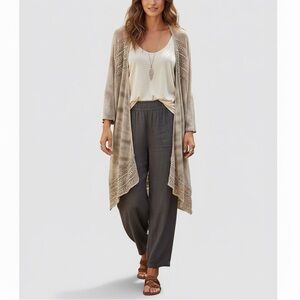 XCVI Boho Tie Dye Crochet Open Knit Long Cardigan Sweater Tan Beige Brown XL